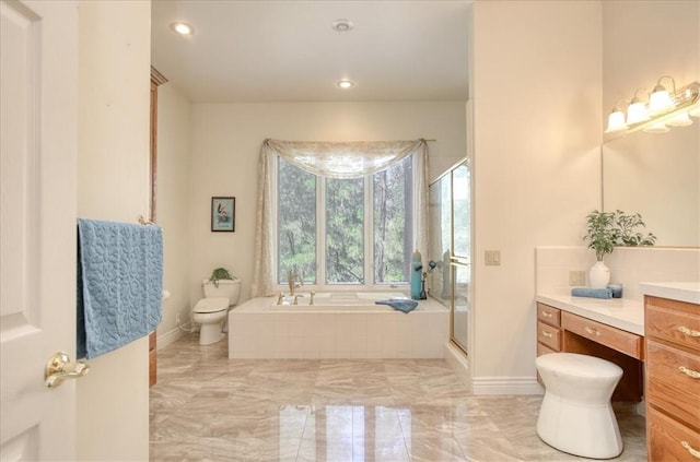 455 Chiswick Way, Cambria, CA 93428 - bathroom with toilet, marble tiled flooring, vanity, a bath, and a shower stall