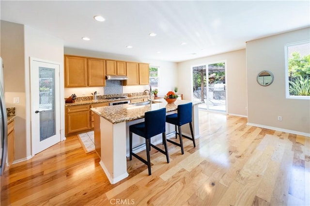 30802 Terrace View Cir, Temecula, CA 92591 - kitchen featuring under cabinet range hood, light wood-style flooring, a breakfast bar, an island with sink, and plenty of natural light