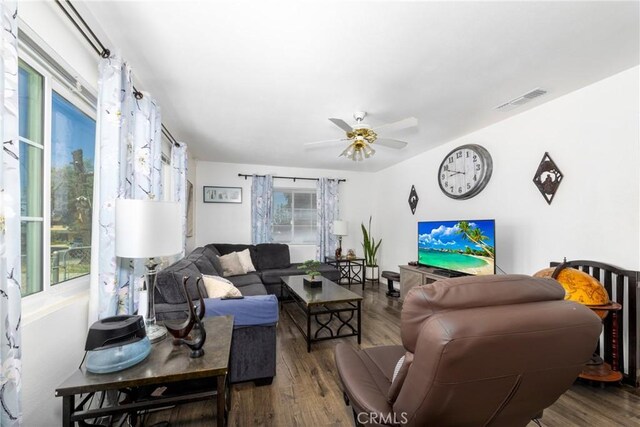 22892 Palm Ave, Grand Terrace, CA 92313 - living area featuring wood finished floors and a ceiling fan