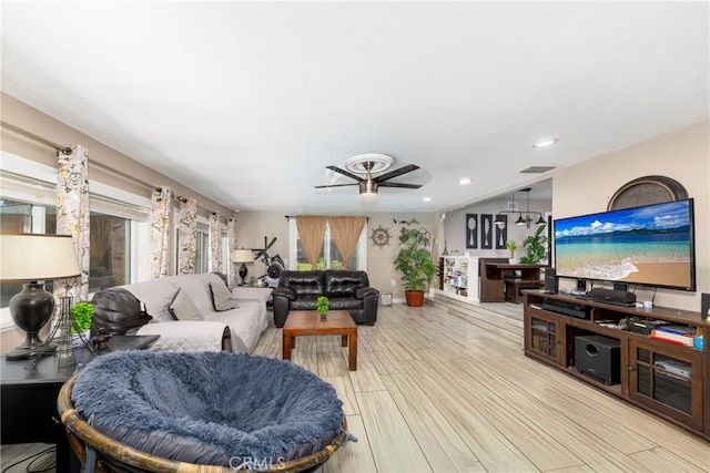 22892 Palm Ave, Grand Terrace, CA 92313 - living area with a ceiling fan, recessed lighting, wood finished floors, and baseboards