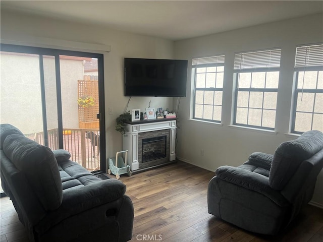 187 Woodbine Ln, Nipomo, CA 93444 - living area featuring wood-type flooring, a glass covered fireplace, and baseboards