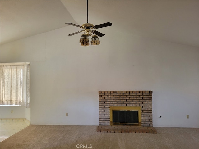 2368 Beechwood Way, Madera, CA 93637 - unfurnished living room featuring high vaulted ceiling, a ceiling fan, carpet, and a fireplace