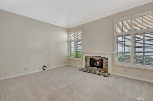 19371 Woodlands Dr, Huntington Beach, CA 92648 - unfurnished living room with baseboards, carpet flooring, crown molding, and a fireplace