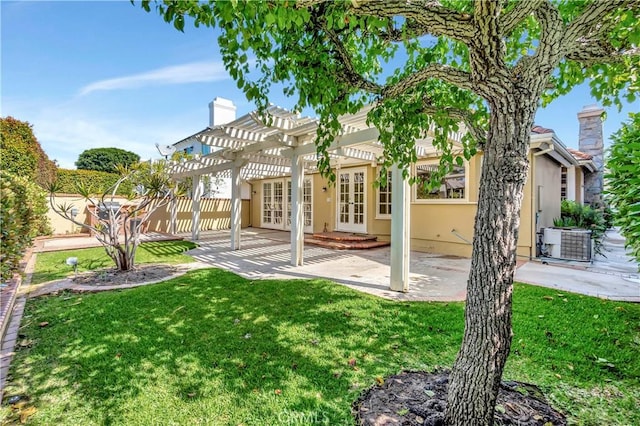 19371 Woodlands Dr, Huntington Beach, CA 92648 - rear view of property featuring french doors, a pergola, a chimney, stucco siding, and central air condition unit