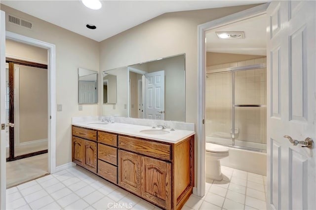 19371 Woodlands Dr, Huntington Beach, CA 92648 - bathroom featuring vaulted ceiling, double vanity, enclosed tub / shower combo, tile patterned floors, and toilet