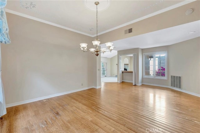 19371 Woodlands Dr, Huntington Beach, CA 92648 - unfurnished living room featuring light wood-style flooring, a chandelier, healthy amount of natural light, baseboards, and crown molding