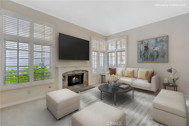 19371 Woodlands Dr, Huntington Beach, CA 92648 - living area with baseboards, ornamental molding, and a high end fireplace