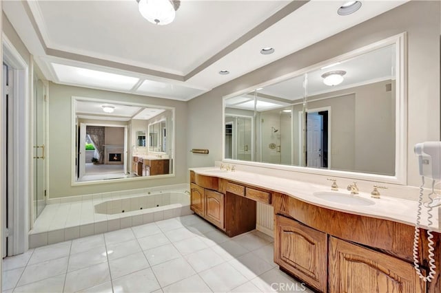 19371 Woodlands Dr, Huntington Beach, CA 92648 - full bathroom featuring a stall shower, double vanity, tile patterned flooring, and a jetted tub
