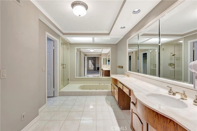 19371 Woodlands Dr, Huntington Beach, CA 92648 - bathroom with a stall shower, tile patterned flooring, a tub with jets, and double vanity