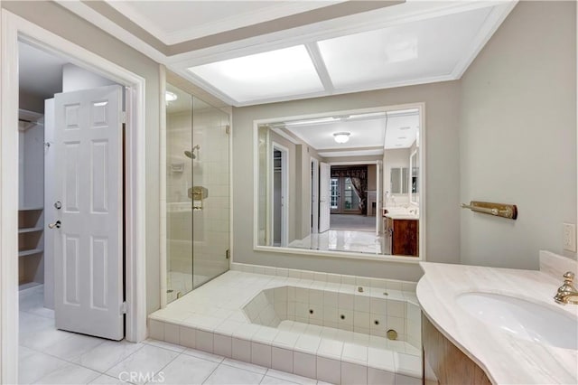 19371 Woodlands Dr, Huntington Beach, CA 92648 - bathroom with vanity, a shower stall, tile patterned floors, a bath, and crown molding