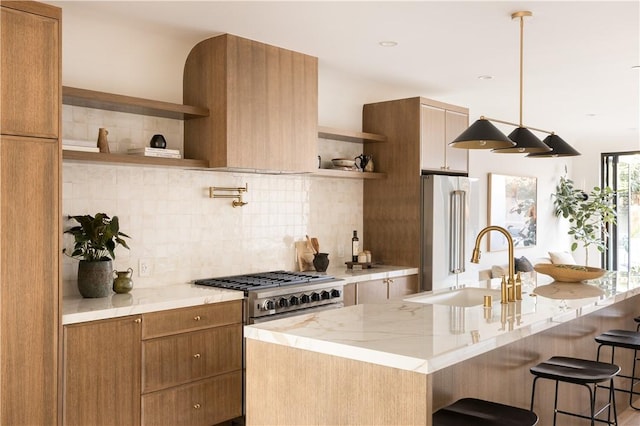 2334 Glover Pl, Los Angeles, CA 90031 - kitchen with open shelves, high quality fridge, a sink, and tasteful backsplash