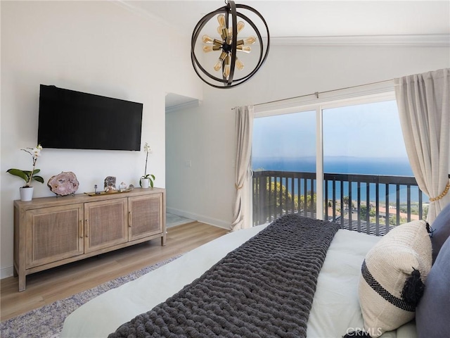 3504 Hightide Dr, Rancho Palos Verdes, CA 90275 - bedroom with access to outside, baseboards, light wood-style flooring, crown molding, and high vaulted ceiling