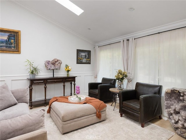 3504 Hightide Dr, Rancho Palos Verdes, CA 90275 - living area featuring vaulted ceiling, ornamental molding, wood finished floors, and a decorative wall