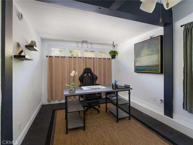 3504 Hightide Dr, Rancho Palos Verdes, CA 90275 - office area featuring baseboards, a ceiling fan, and wood finished floors