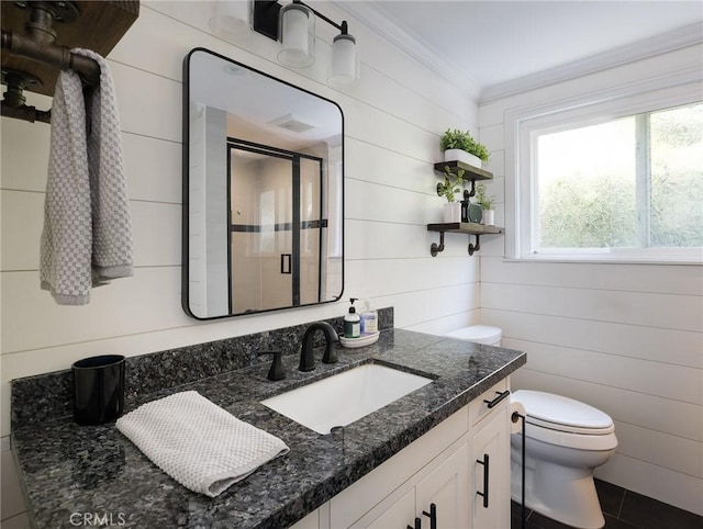 3504 Hightide Dr, Rancho Palos Verdes, CA 90275 - full bath featuring toilet, vanity, crown molding, a shower stall, and wood walls