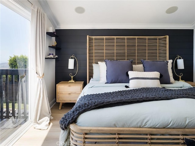 3504 Hightide Dr, Rancho Palos Verdes, CA 90275 - bedroom featuring light wood-type flooring, crown molding, access to outside, and baseboards