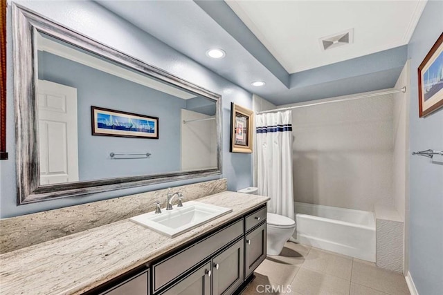 1821 Overview Cir, North Tustin, CA 92705 - full bathroom featuring toilet, vanity, shower / bath combo with shower curtain, recessed lighting, and tile patterned floors