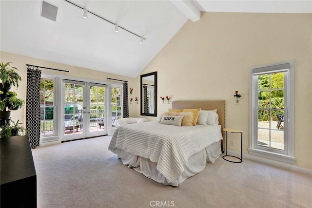 1821 Overview Cir, North Tustin, CA 92705 - bedroom with track lighting, french doors, access to exterior, carpet flooring, and high vaulted ceiling