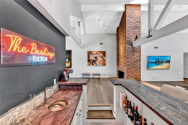 1821 Overview Cir, North Tustin, CA 92705 - bar with a sink, a high ceiling, a fireplace, wood finished floors, and rail lighting