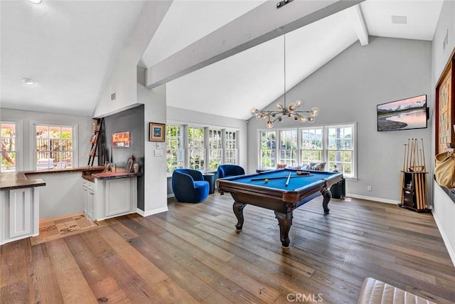 1821 Overview Cir, North Tustin, CA 92705 - recreation room with beam ceiling, healthy amount of natural light, pool table, hardwood / wood-style floors, and baseboards