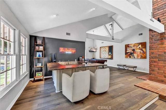 1821 Overview Cir, North Tustin, CA 92705 - bar with dark wood-type flooring, baseboards, high vaulted ceiling, and beamed ceiling