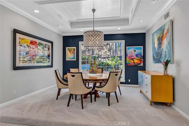 1821 Overview Cir, North Tustin, CA 92705 - dining space with a chandelier, light colored carpet, a raised ceiling, baseboards, and crown molding