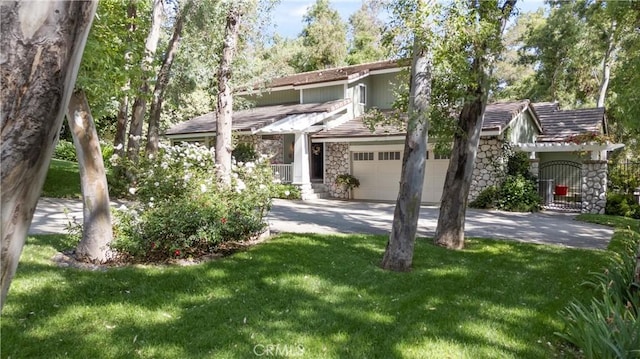 10139 Sun Valley Dr, Rancho Cucamonga, CA 91737 - obstructed view of property with stone siding, driveway, a front lawn, and an attached garage
