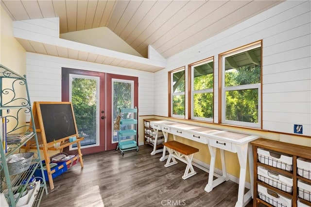 10139 Sun Valley Dr, Rancho Cucamonga, CA 91737 - home office with french doors, lofted ceiling, dark wood-type flooring, wooden walls, and wood ceiling