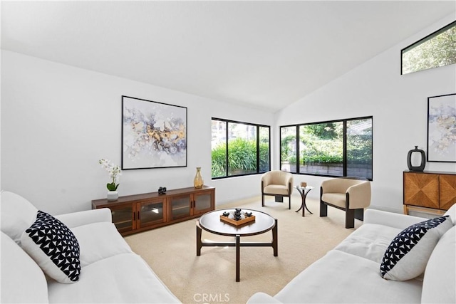 10139 Sun Valley Dr, Rancho Cucamonga, CA 91737 - living area featuring carpet floors and high vaulted ceiling