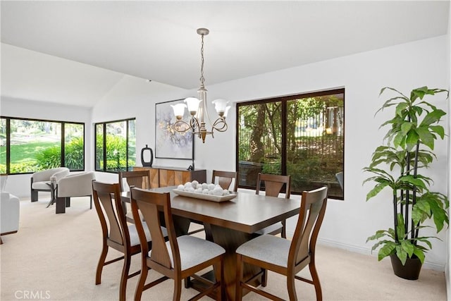10139 Sun Valley Dr, Rancho Cucamonga, CA 91737 - dining space with light colored carpet, a chandelier, healthy amount of natural light, vaulted ceiling, and baseboards