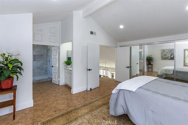 1250 Kinglake Dr, Diamond Bar, CA 91789 - bedroom featuring beam ceiling, recessed lighting, ensuite bathroom, high vaulted ceiling, and a closet