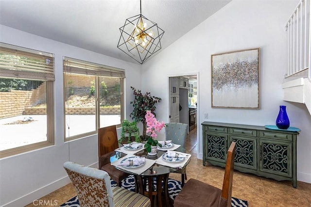 1250 Kinglake Dr, Diamond Bar, CA 91789 - dining area featuring a chandelier, light tile patterned floors, and high vaulted ceiling
