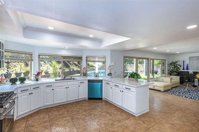 1250 Kinglake Dr, Diamond Bar, CA 91789 - kitchen with dishwasher, a raised ceiling, gas stove, crown molding, and a peninsula