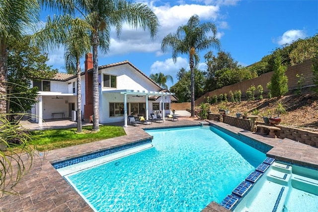 1250 Kinglake Dr, Diamond Bar, CA 91789 - view of pool with a pergola, a patio, a fenced backyard, a pool with connected hot tub, and a ceiling fan