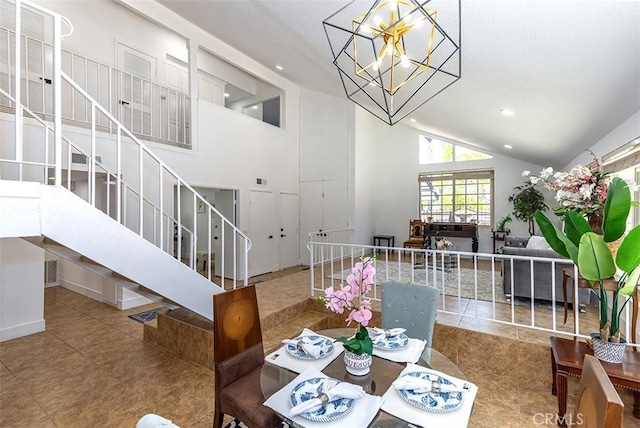 1250 Kinglake Dr, Diamond Bar, CA 91789 - tiled dining space with stairs, a chandelier, recessed lighting, and high vaulted ceiling