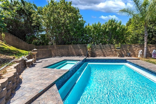 1250 Kinglake Dr, Diamond Bar, CA 91789 - view of swimming pool featuring a fenced backyard, a patio, and a pool with connected hot tub
