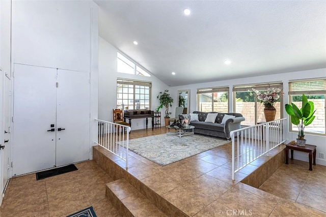 1250 Kinglake Dr, Diamond Bar, CA 91789 - living room featuring plenty of natural light, recessed lighting, high vaulted ceiling, and tile patterned flooring