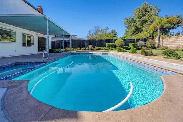 6871 Mewall Dr, San Diego, CA 92119 - view of pool featuring a fenced backyard, a patio area, and a pool with connected hot tub