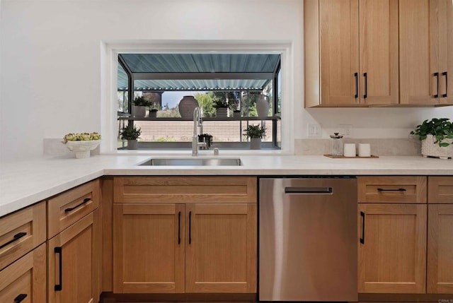 6871 Mewall Dr, San Diego, CA 92119 - kitchen with stainless steel dishwasher, a sink, and light countertops