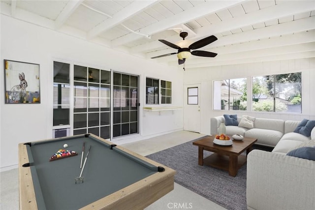 1919 Austin Ct, Claremont, CA 91711 - rec room with pool table, a ceiling fan, and beamed ceiling