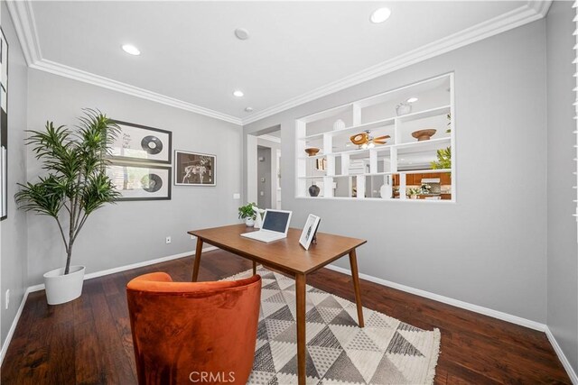 7626 Soaring Bird Ct, Eastvale, CA 92880 - office space with baseboards, wood finished floors, recessed lighting, and ornamental molding