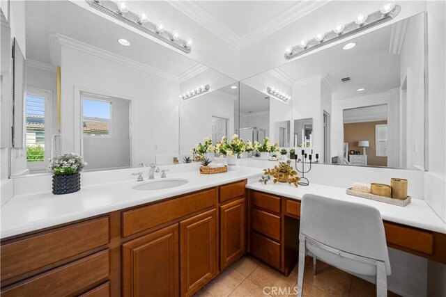 7626 Soaring Bird Ct, Eastvale, CA 92880 - full bath featuring tile patterned floors, vanity, recessed lighting, and crown molding