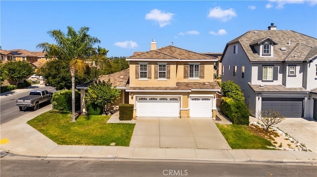 7626 Soaring Bird Ct, Eastvale, CA 92880 - view of front of home with stucco siding, a garage, driveway, a front yard, and a chimney