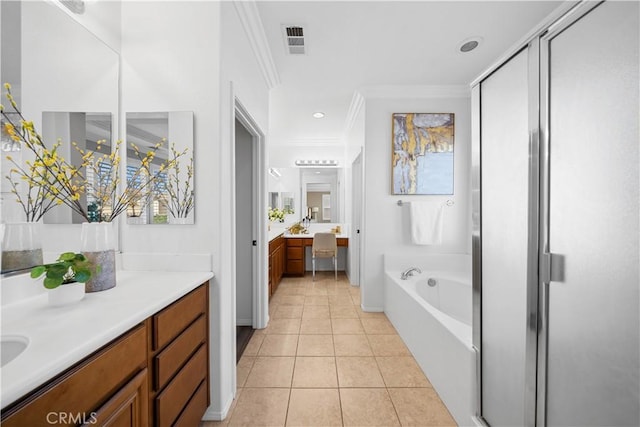 7626 Soaring Bird Ct, Eastvale, CA 92880 - full bathroom with crown molding, tile patterned floors, a garden tub, vanity, and a shower stall