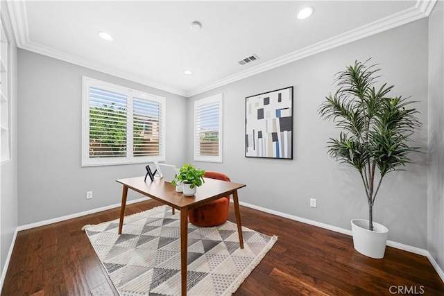 7626 Soaring Bird Ct, Eastvale, CA 92880 - office area featuring crown molding, baseboards, recessed lighting, and dark wood-type flooring