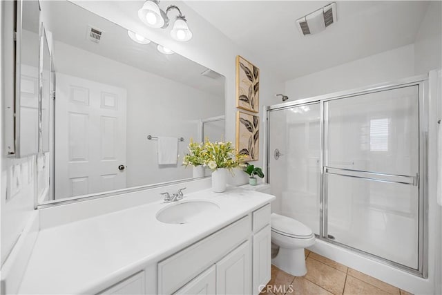 7626 Soaring Bird Ct, Eastvale, CA 92880 - bathroom featuring a stall shower, tile patterned floors, toilet, and vanity