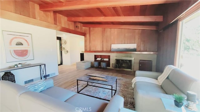 48 Pine Oaks Rd, Oroville, CA 95966 - living area featuring wooden ceiling with exposed beams, light wood finished floors, a fireplace with raised hearth, and wooden walls