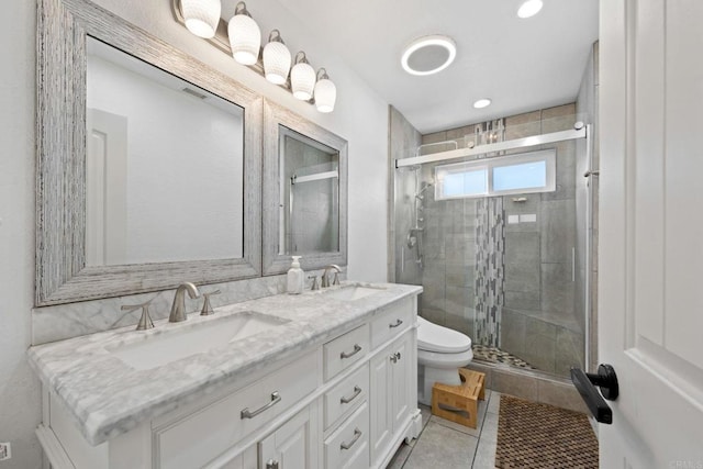 2548 Katherine Ct, El Cajon, CA 92020 - full bath featuring a stall shower, toilet, tile patterned flooring, and double vanity