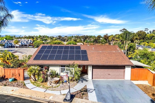 2548 Katherine Ct, El Cajon, CA 92020 - view of front of home with a garage, driveway, roof mounted solar panels, roof with shingles, and a gate