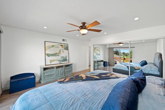 2548 Katherine Ct, El Cajon, CA 92020 - bedroom with recessed lighting, wood finished floors, baseboards, a ceiling fan, and access to outside